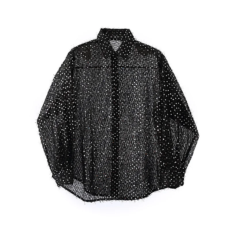 

Male Women Japan Karajuku Streetwear Loose Black White Shirts Men Dot Tassel Long Sleeve Casual See Through Thin Shirt