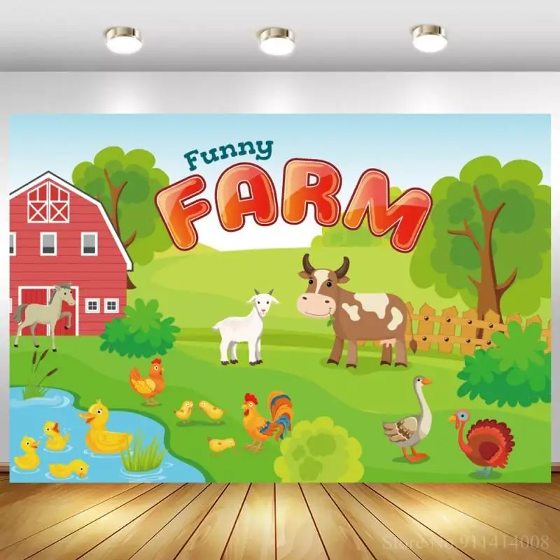 

Фоны для фотосъемки с изображением фермы Красного сарая зеленая луга река трактор животные фон для фотосъемки детский день рождения