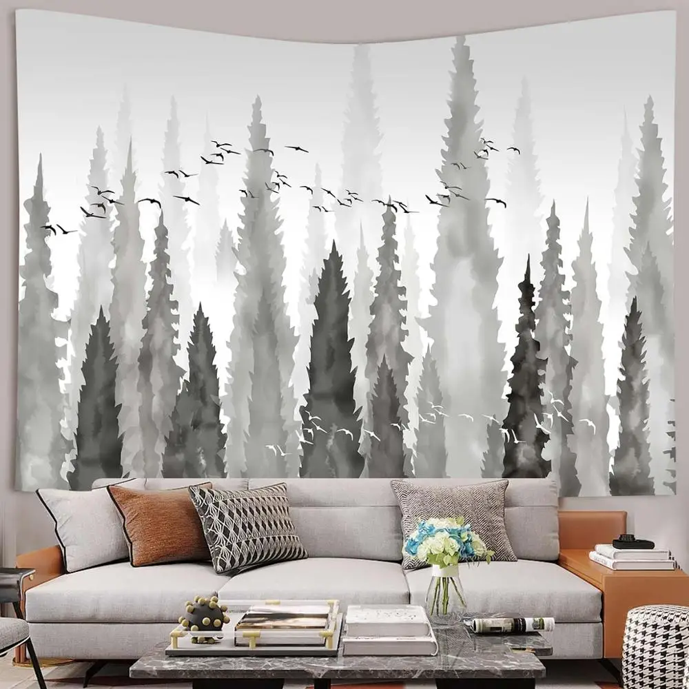 

Grey Nature Mountains Tapestry Misty Forest Art Wall Hanging Tapestries for Living Room Home Dorm Decor