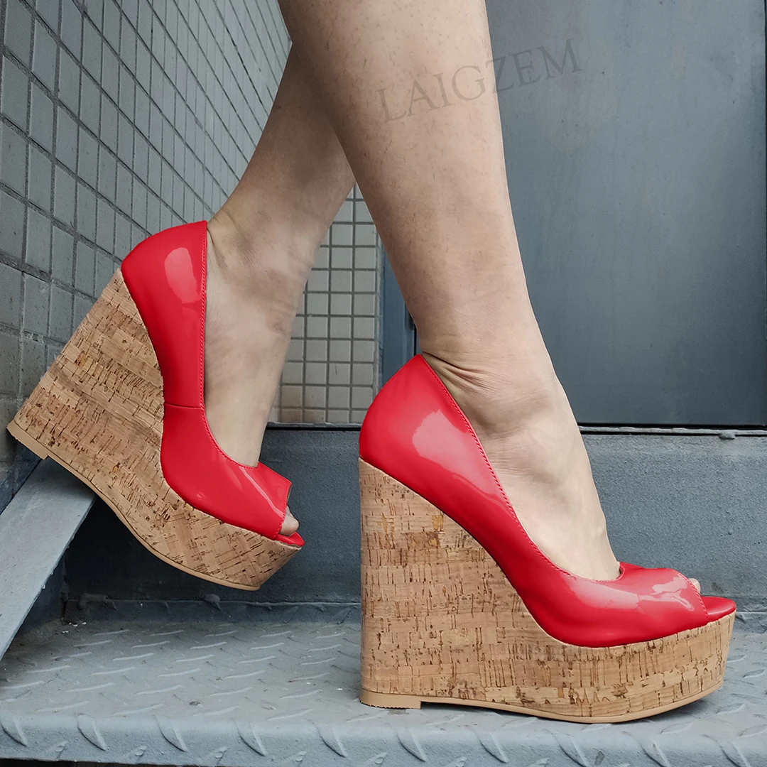 

LAIGZEM Women Platform Wedges Peep Toe Mules Shiny Sandals Slip On Height Increase Summer Lady Shoes Woman Big Size 41 44 50 52