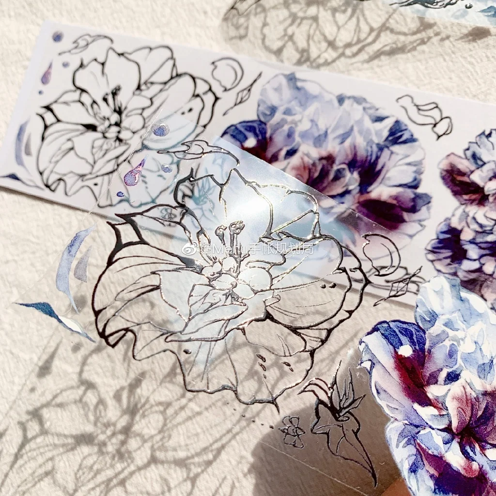 

1 Loop 5.5cmx100cm Double Petal Hibiscus Menu Bright Crystal Pet Masking Tape Paper Journal Flower Collage