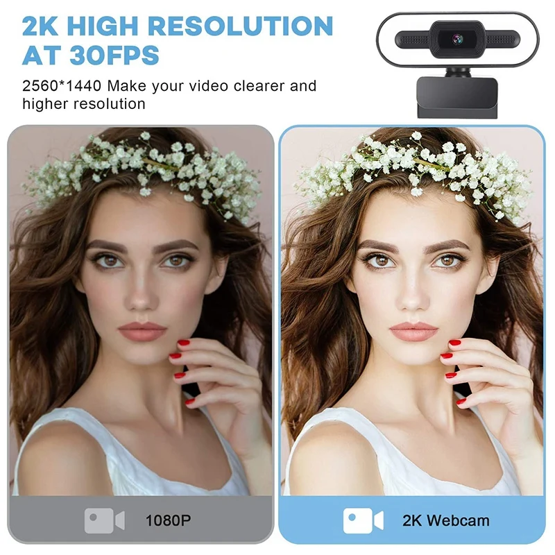 2K Full HD Webcam with Microphone, Autofocus Streaming USB Webcam with Ring Light Computer Camera with Tripod Stand
2K Full HD Webcam with Microphone, Autofocus Streaming USB Webcam with Ring Light Computer Camera with Tripod Stand