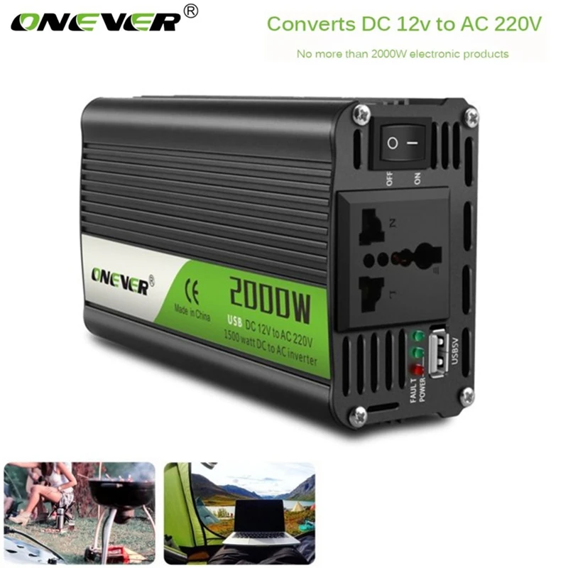 Onever инвертор 12v 220v 2000 Вт Мощный DC к АС 12V постоянного тока до 220V автомобильный