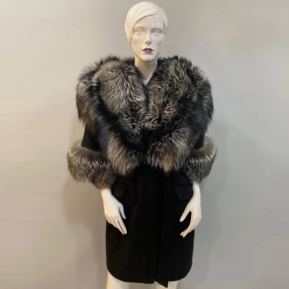 Fashion Cashmere Coat with Silver Fox Hood Thick Warm Winter Fur Overcoat Luxury Genuine Whole Skin Fox Fur Wool Blends Coats
Fashion Cashmere Coat with Silver Fox Hood Thick Warm Winter Fur Overcoat Luxury Genuine Whole Skin Fox Fur Wool Blends Coats