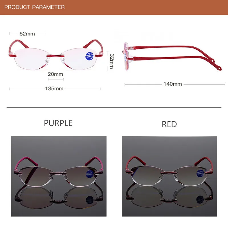 Rimless Anti Blue Ray Reading Glasses Lady Women Diamond Cutting Oval Reading Presbyopia Red EyeGlass Female +1.5 to +4.0
Rimless Anti Blue Ray Reading Glasses Lady Women Diamond Cutting Oval Reading Presbyopia Red EyeGlass Female +1.5 to +4.0