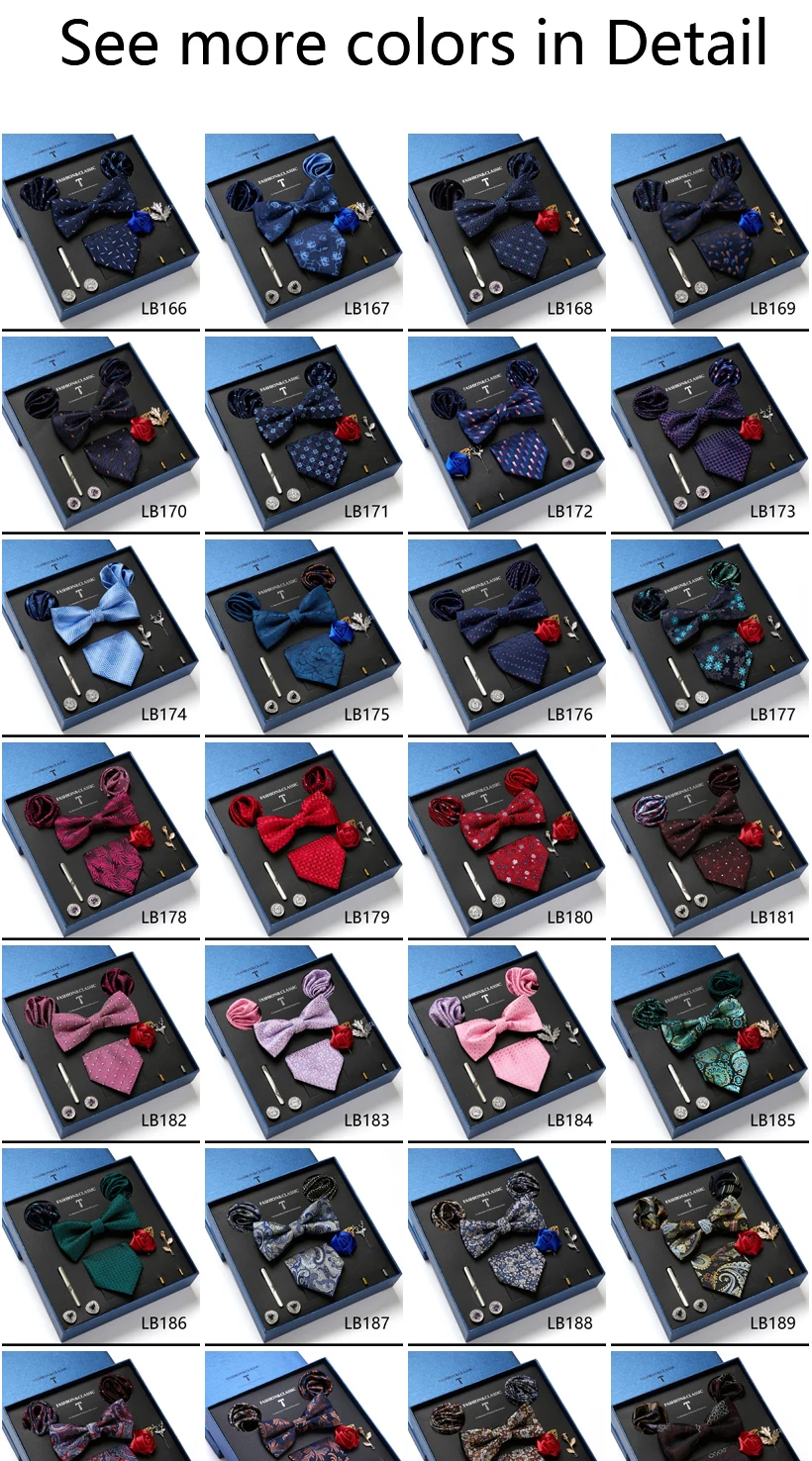 Great Quality Hot sale Birthday Present Bow Tie Hanky Pocket Squares Cufflink Set Brooch Pin Clip Necktie Box Formal Clothing
Great Quality Hot sale Birthday Present Bow Tie Hanky Pocket Squares Cufflink Set Brooch Pin Clip Necktie Box Formal Clothing