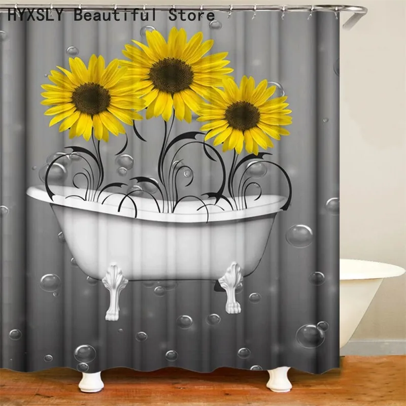 Подсолнухи в ванне, серая занавеска для душа с принтом, декор для ванной комнаты, водонепроницаемая ткань из полиэстера, подвесная крышка, э...