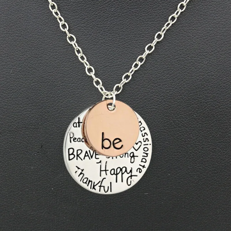 

Gold Silver Color Coin Engraved Brave Thankful Words Necklace Be Happy Necklace for Women Female Girl Girl Friend Lady Gifts