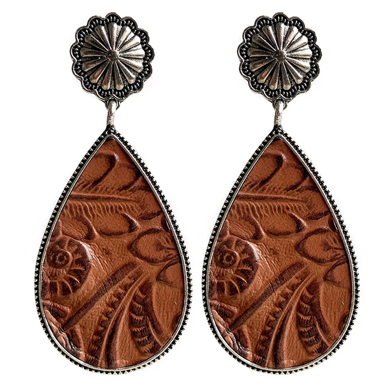 Genuine Leather Embossed Flower Teardrop Dangle Drop Earrings for Women Vintage Silver Base Water Drop Earrings Wholesale
Genuine Leather Embossed Flower Teardrop Dangle Drop Earrings for Women Vintage Silver Base Water Drop Earrings Wholesale
