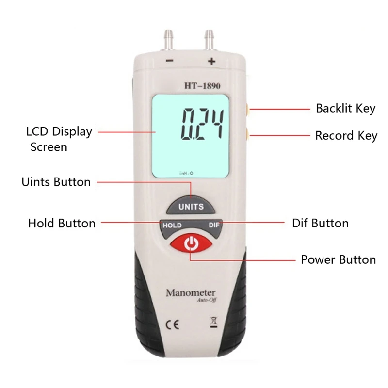 HT-1890 Digital Manometer, Dual Port Air Pressure Meter Pressure Gauge HVAC Gas Tester, Differential Pressure Manometer
HT-1890 Digital Manometer, Dual Port Air Pressure Meter Pressure Gauge HVAC Gas Tester, Differential Pressure Manometer