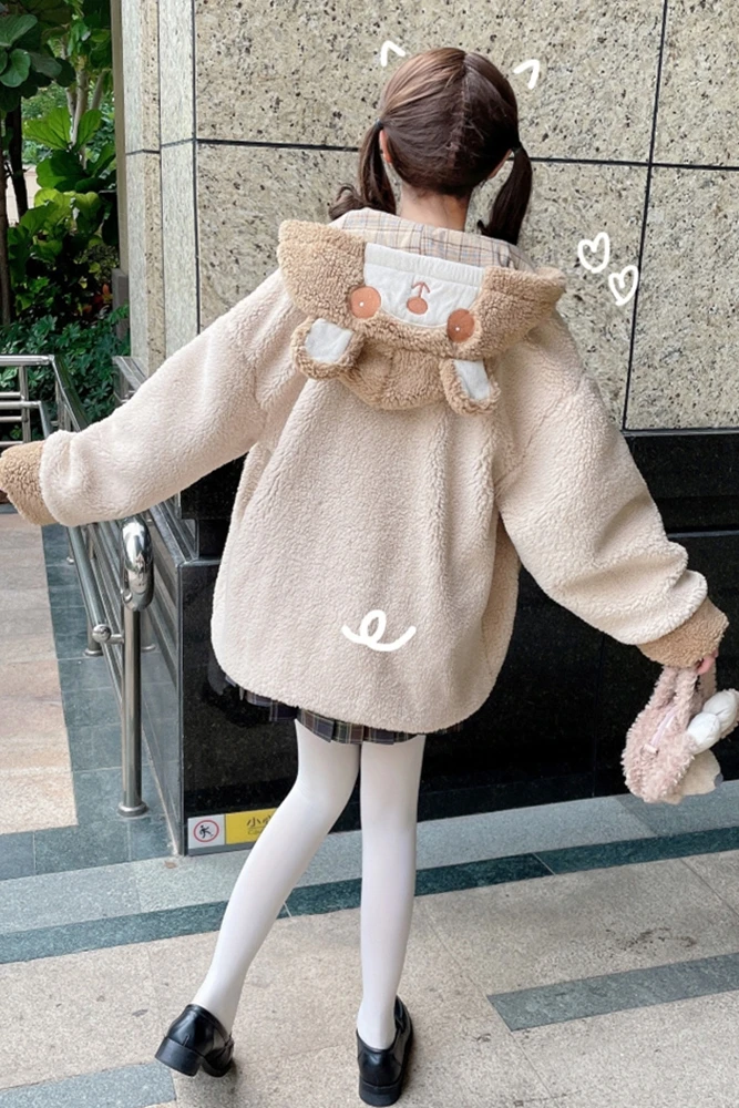 Cute Bear Ears Hooded Lambswool Cotton Clothes Jacket Women Angel bear Embroidery Soft Sister Splicing Overcoat Coffee Tops
Cute Bear Ears Hooded Lambswool Cotton Clothes Jacket Women Angel bear Embroidery Soft Sister Splicing Overcoat Coffee Tops