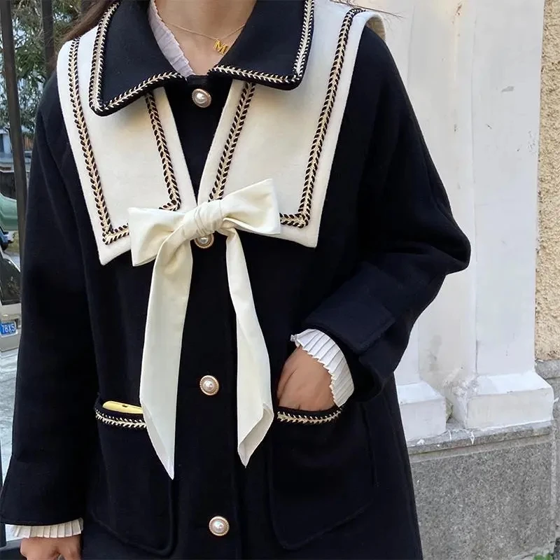 

Женское шерстяное пальто, элегантное теплое пальто в стиле преппи, с матросским воротником, зимняя верхняя одежда, 2021
