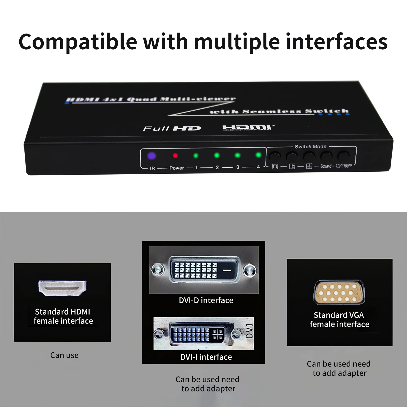 1080P HDMI-Compatible Quad Multi-Viewer Switcher Splitter 4 In 1 Out 6.7Gbps Seamless Switch HDMI-Compatible Screen Splitter
1080P HDMI-Compatible Quad Multi-Viewer Switcher Splitter 4 In 1 Out 6.7Gbps Seamless Switch HDMI-Compatible Screen Splitter
