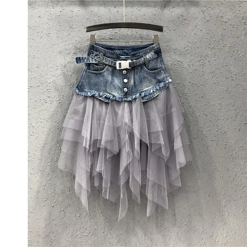 Denim Skirt Summer Women's High Waist Black Tulle Asymmetrical Jean Skirts Plus Size 3XL Korean Female Irregular Mesh Patchwork
Denim Skirt Summer Women's High Waist Black Tulle Asymmetrical Jean Skirts Plus Size 3XL Korean Female Irregular Mesh Patchwork