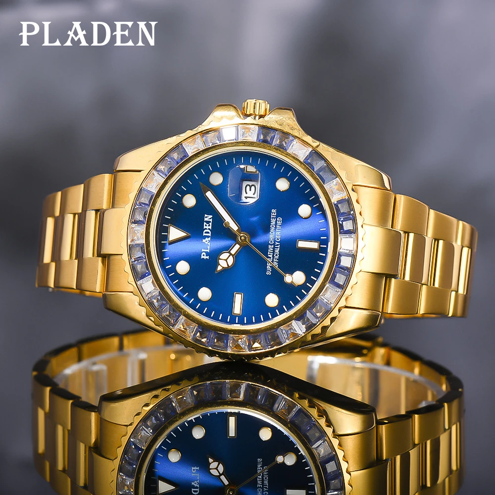 PLADEN 18K Gold Watch Iced Out Diamond Bezel Men's Casual Watches Stainless Steel 30M Waterproof Calendar Diver Wristwatches New
PLADEN 18K Gold Watch Iced Out Diamond Bezel Men's Casual Watches Stainless Steel 30M Waterproof Calendar Diver Wristwatches New