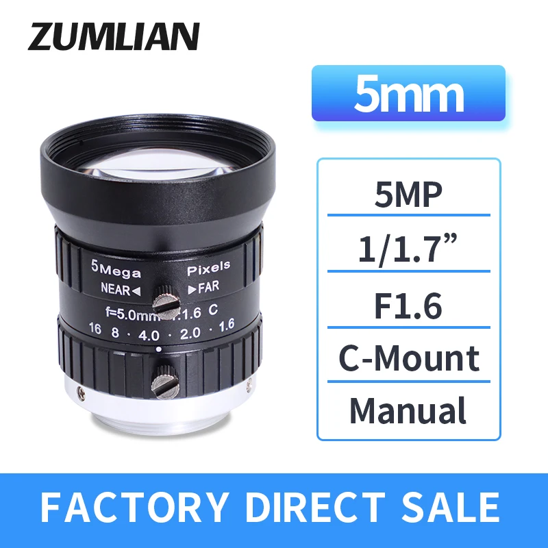 Fixed Focal Lenth 5MP C Mount 5mm Manual Iris 1/1.7" F1.6 Aperture Machine Vision Camera Lens For Industrial Inspection FA Lense
Fixed Focal Lenth 5MP C Mount 5mm Manual Iris 1/1.7" F1.6 Aperture Machine Vision Camera Lens For Industrial Inspection FA Lense