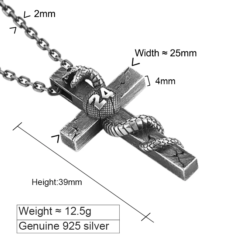 ZABRA Kobe Souvenir Jewelry Number 24 Mamba Cross Pendant 925 Sterling Silver Vintage Hip Hop Rock Punk | Украшения и аксессуары