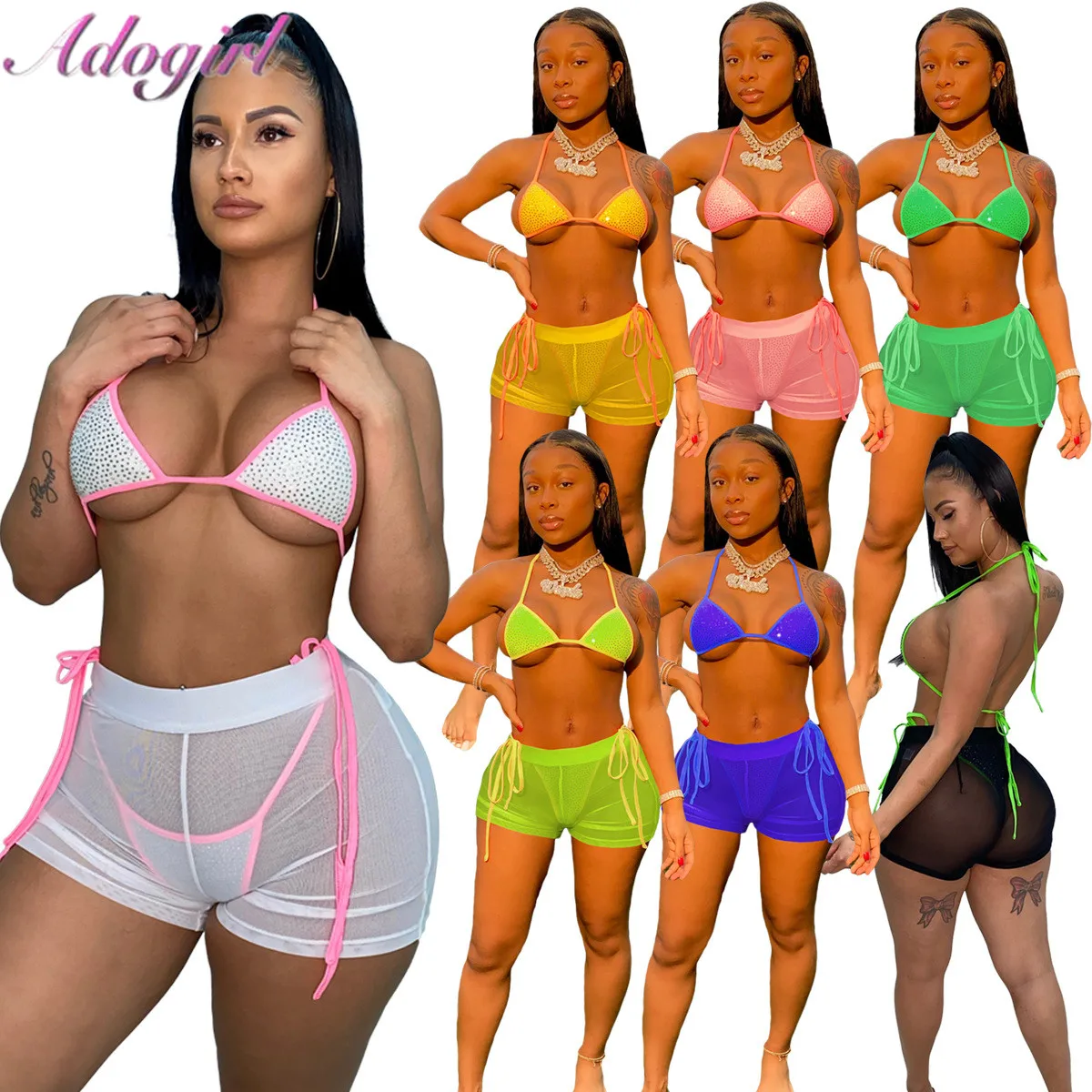 Women'S Swimsuit Summer 2021 Bikini Beach 3 Piece Sets Sexy Diamonds Halter Backless Bra + Bandage Underwear + Mesh Shorts Suit 
Women'S Swimsuit Summer 2021 Bikini Beach 3 Piece Sets Sexy Diamonds Halter Backless Bra + Bandage Underwear + Mesh Shorts Suit