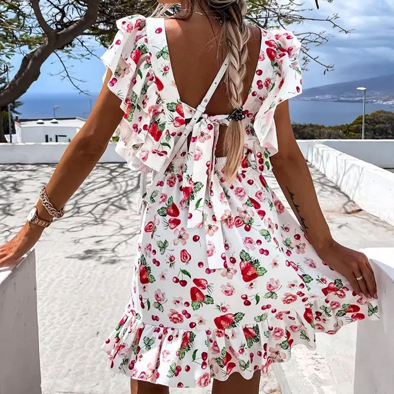 Sexy Backless Tie-up Bow Summer Beach Dress Casual V Neck Floral Print Women Party Dress Lady Butterfly Sleeve Ruffle Mini Dress
Sexy Backless Tie-up Bow Summer Beach Dress Casual V Neck Floral Print Women Party Dress Lady Butterfly Sleeve Ruffle Mini Dress