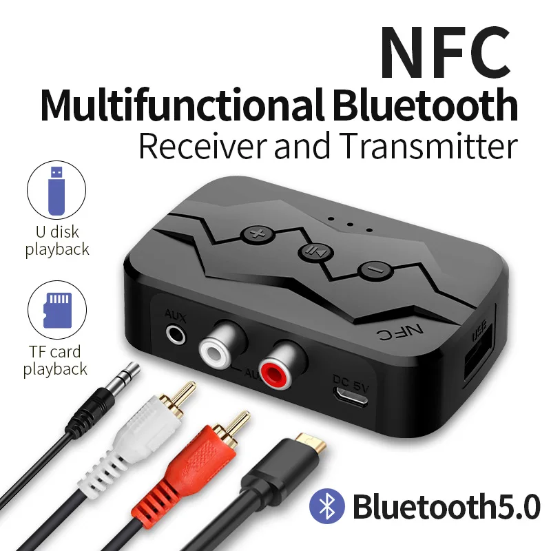 

NFC Bluetooth 5.0 Transmitter Receiver SD U Disk RCA 3.5mm AUX Wireless Audio Adapter Handsfree For Car TV PC Speakers Headphone