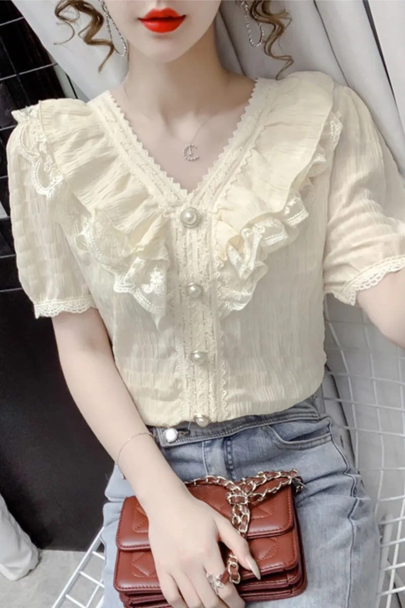 Sweet Lace Ruffled V-neck Short-Sleeved Chiffon Shirt and Blouse Elegant Pearl Button Tops Tee Women 2021 Summer Fashion Clothes
Sweet Lace Ruffled V-neck Short-Sleeved Chiffon Shirt and Blouse Elegant Pearl Button Tops Tee Women 2021 Summer Fashion Clothes