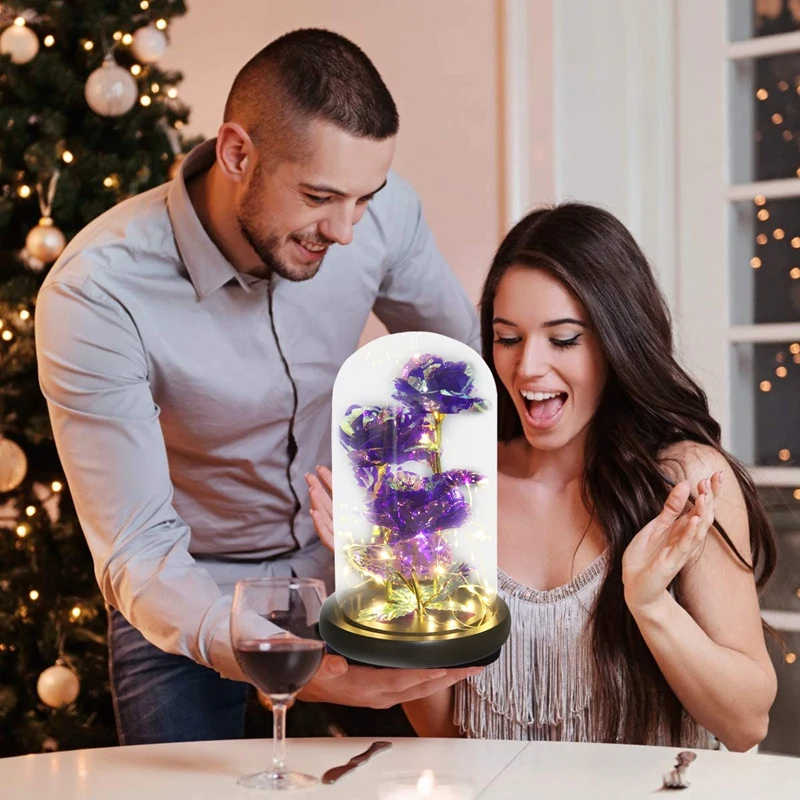 

24K Artificial Flower Galaxy Rose Forever Preserved Glass Dome Light for Valentine's Mother's Day Gift