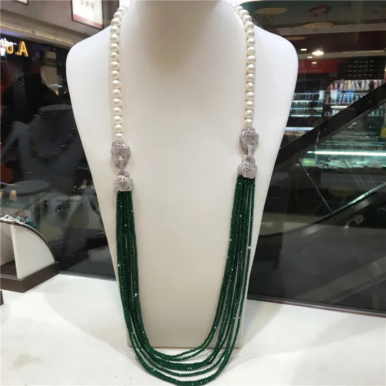 

Ожерелье из жемчуга, многослойное Длинное колье с белым пресноводным жемчугом 9 -10 мм, с зеленым камнем, бижутерия