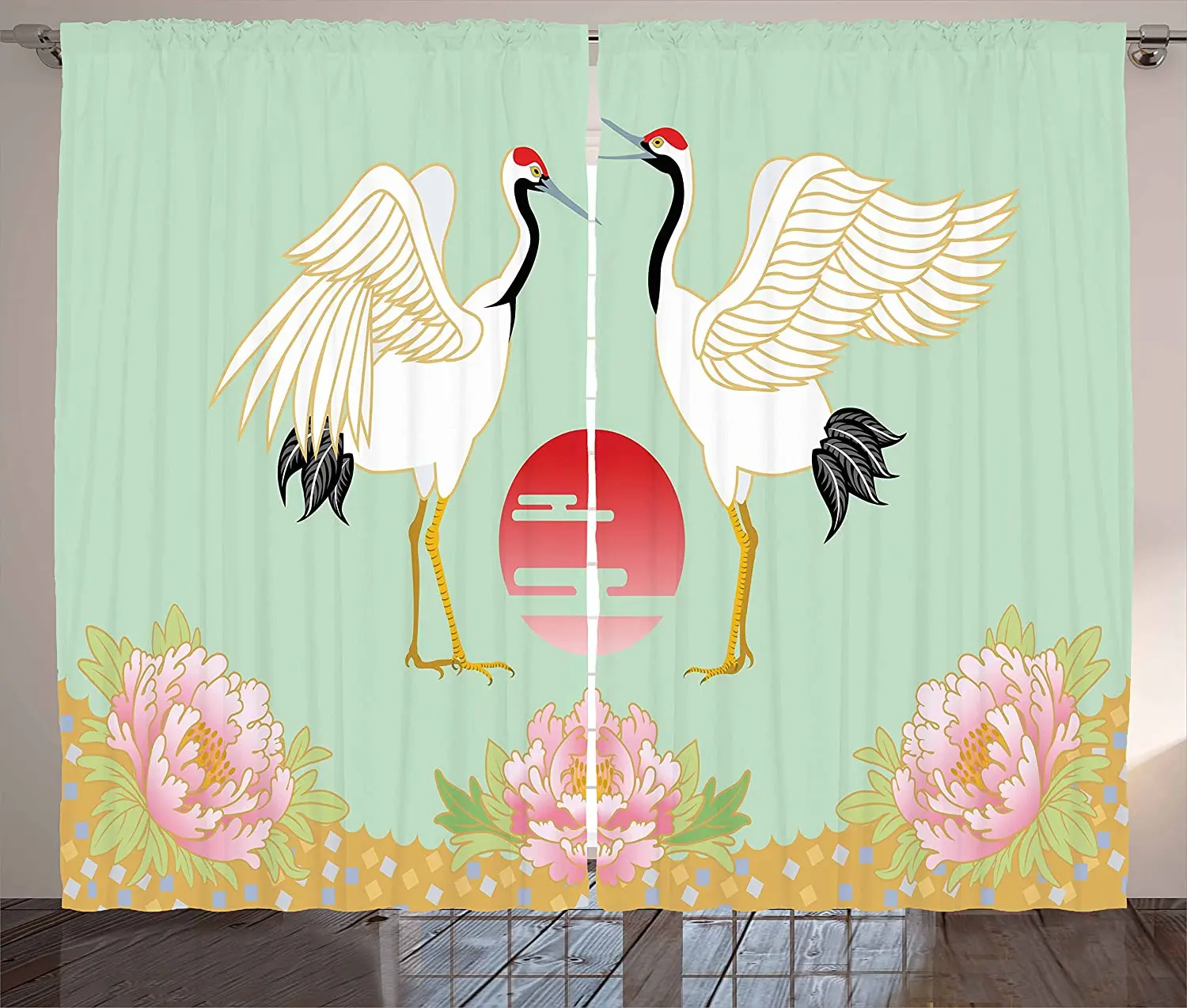 

Плотные Шторы с перьями, японские краны с простым дизайном восхода солнца, цветные иллюстрации азиатской культуры, оконные шторы