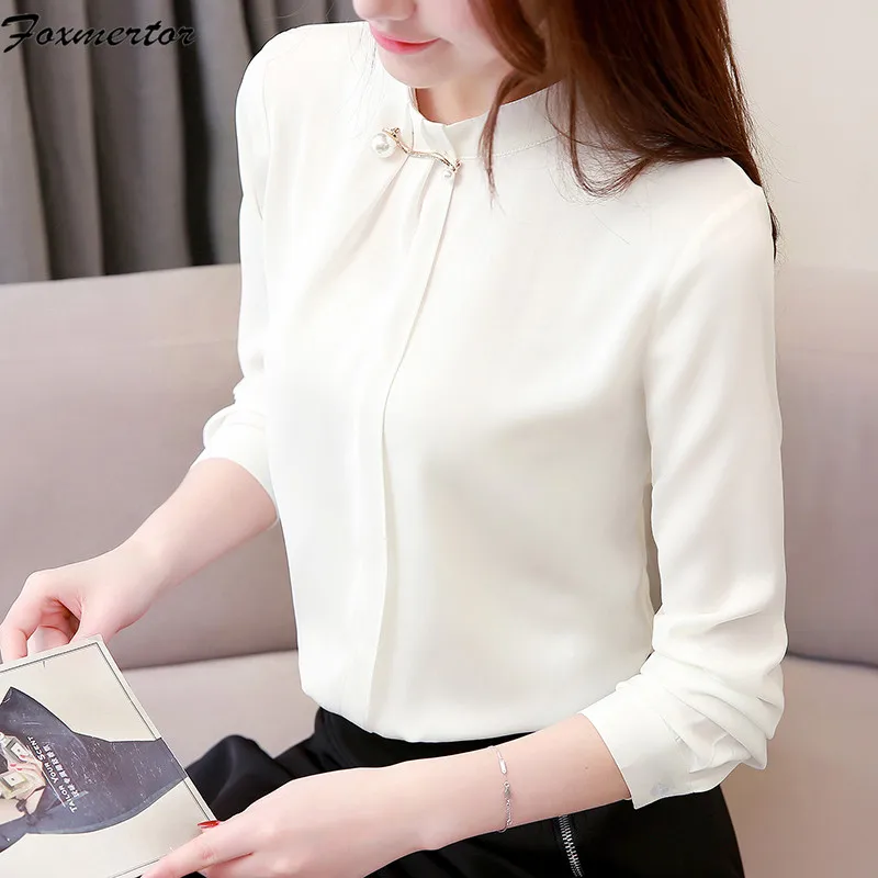 Модная женская блузка 2021 однотонная шифоновая рубашка с длинным рукавом женские