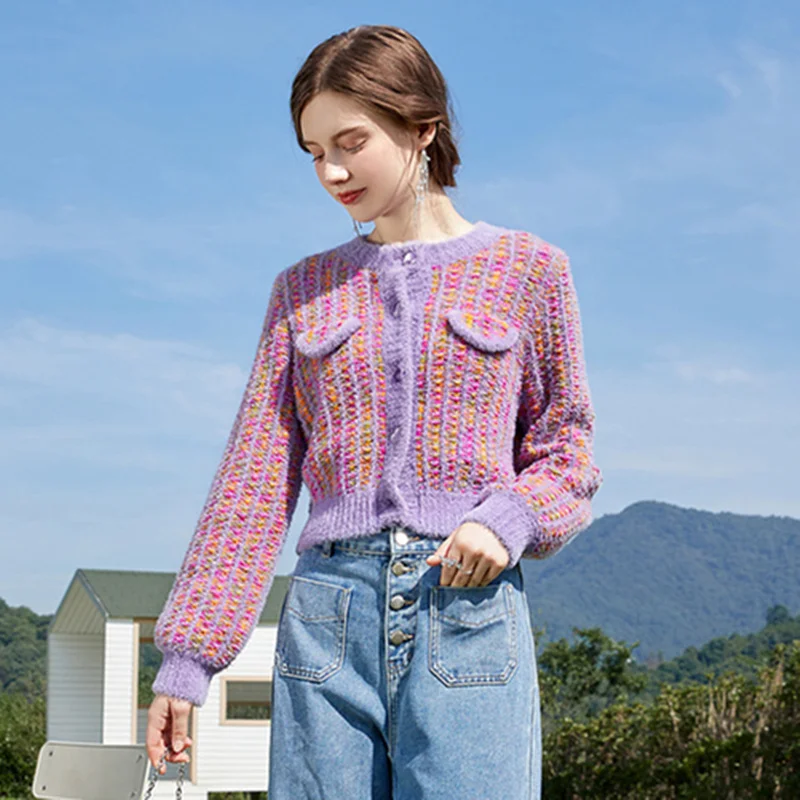 Elegant Crop Top Purple Cardigan For Women Round neck Korean Fashion Warm Fake Mink Plaid Women's Sweater Jacket Outwear
Elegant Crop Top Purple Cardigan For Women Round neck Korean Fashion Warm Fake Mink Plaid Women's Sweater Jacket Outwear