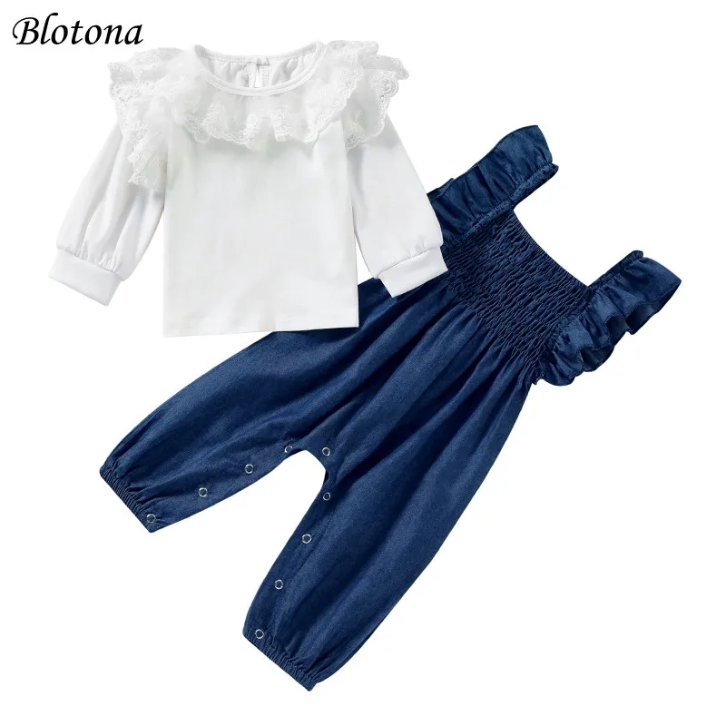 

Blotona 2Pcs Baby Girls Solid Color Lace Long Sleeve T-Shirt + Snaps Suspenders Pants 6Months-3Years