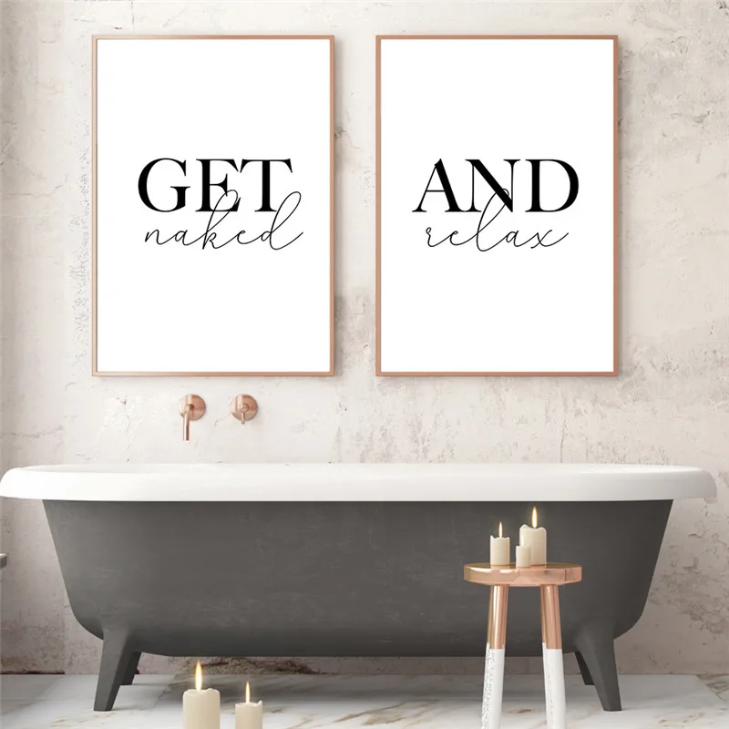 

Black White Wall Art Canvas Painting Print Get Naked And Relax Quote Poster Wall Pictures For Bathroom Toilet Home Decor