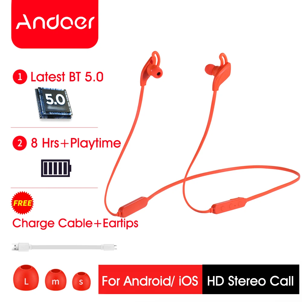 Беспроводные Bluetooth наушники Andoer D1 спортивные для бега HD стерео магнитные
