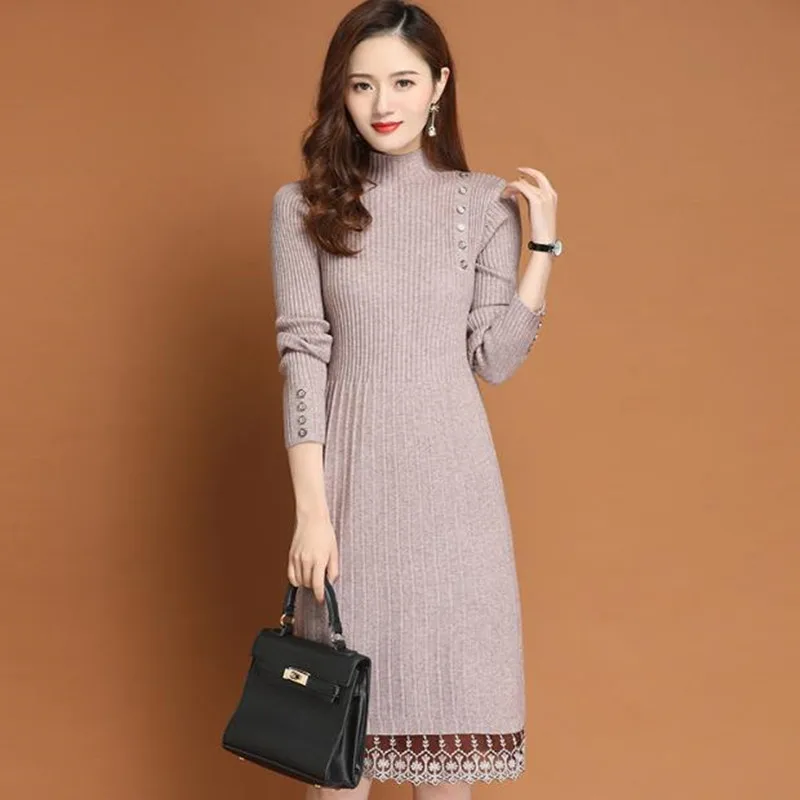Fashion Dress Knit Sweater Women 2020 New Autumn Winter Long Half High Collar Lace Temperament Base Sweater Dress One Size 
Fashion Dress Knit Sweater Women 2020 New Autumn Winter Long Half High Collar Lace Temperament Base Sweater Dress One Size