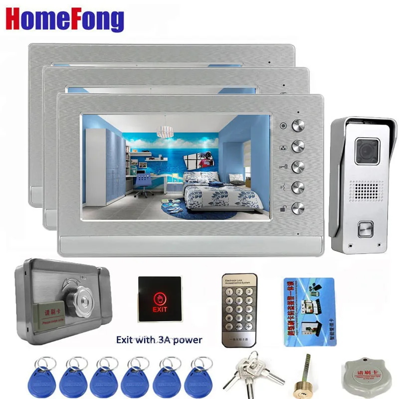 

HomeFong Video Intercom with Lock Home Access Control System 7 Inch 3 Monitor 1000TVL IR Camera Doorbell Video Door Phone