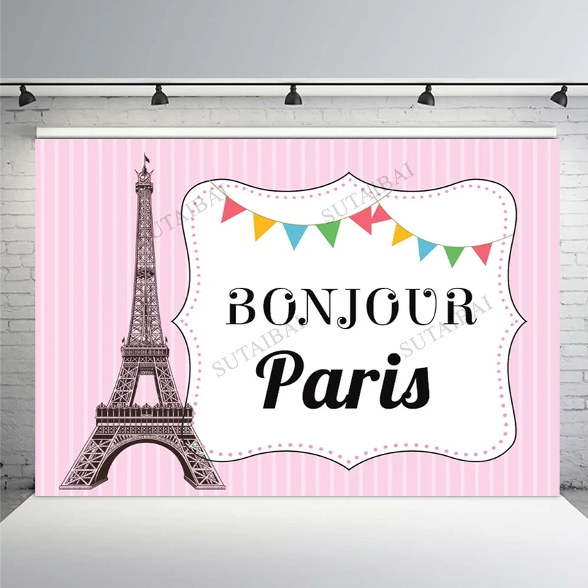 

Paris Eiffel Tower Happy Birthday Backdrops Child Party Pink Stripes Photography Background Studio Backdrop Vinyl Custom Banner