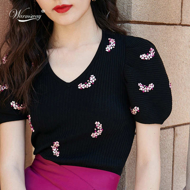 Slim Black T-Shirt Sequins Beading Floral V-Neck Knitted Sweater Women Summer Pullover Puff Sleeve Short Tee Tops C-203
Slim Black T-Shirt Sequins Beading Floral V-Neck Knitted Sweater Women Summer Pullover Puff Sleeve Short Tee Tops C-203