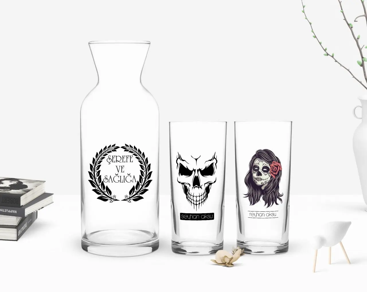 

Индивидуальный красочный печатный дизайн черепа и кросс-костей, двойная чашка и графин, подарок Seti-1