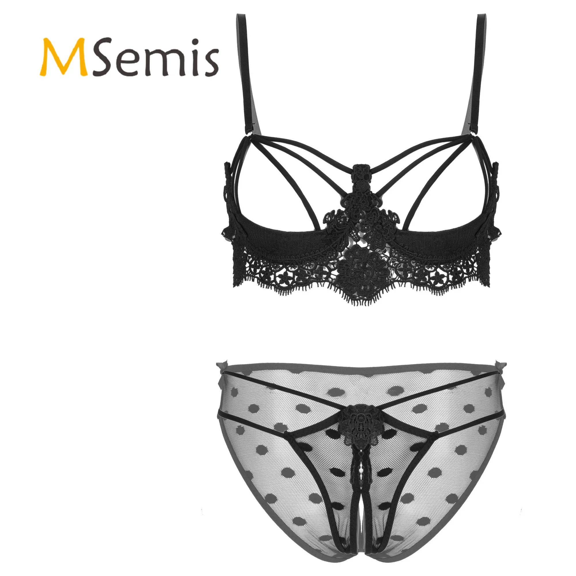 

Womens Lingerie Bra Panties Set Lace Embroidered Erotic Underwear Set Push Up Underwire Strappy Bra with Crotchless Briefs