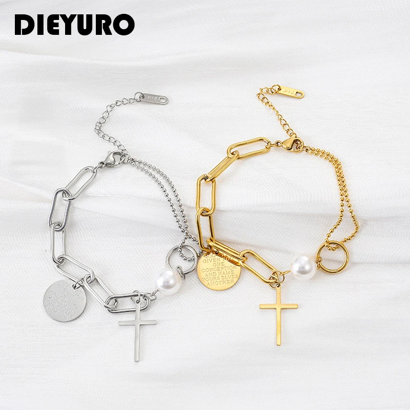 DIEYURO 316L Stainless Steel Personalized Asymmetrical Chain Splicing Design Pendant Metal Sweet Cool Pearl Bracelet For Women
DIEYURO 316L Stainless Steel Personalized Asymmetrical Chain Splicing Design Pendant Metal Sweet Cool Pearl Bracelet For Women