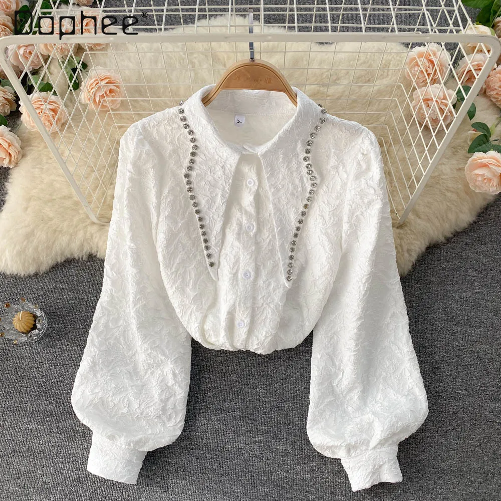 Elegant French Style Shirt Women 2021 Autumn Clothes Fashion Design Exquisite Rhinestone Lapel Puff Sleeve Long Sleeve Blouse
Elegant French Style Shirt Women 2021 Autumn Clothes Fashion Design Exquisite Rhinestone Lapel Puff Sleeve Long Sleeve Blouse
