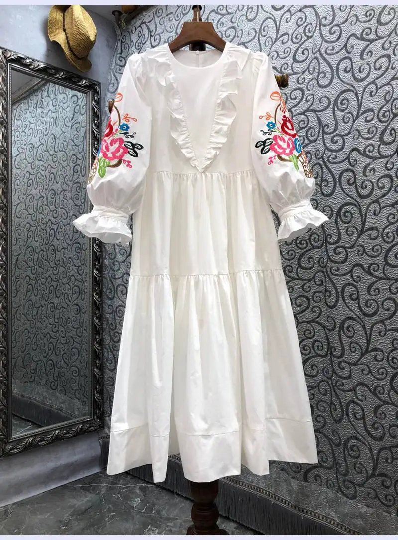 Tops Fashion Cotton Dress 2022 Spring Summer Women Colorful Floral Embroidery Ruffle Deco 3/4 Sleeve Mid-Calf Casual White Dress
Tops Fashion Cotton Dress 2022 Spring Summer Women Colorful Floral Embroidery Ruffle Deco 3/4 Sleeve Mid-Calf Casual White Dress