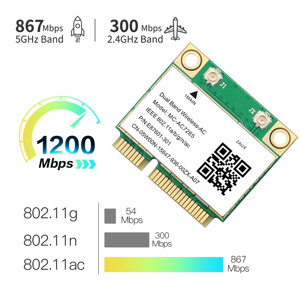1200 Мбит/с MiNi PCI-E MC-AC7265 Двухдиапазонная 2 4 ГГц/5 ГГц 802.11AC Bluetooth-совместимая 4.2