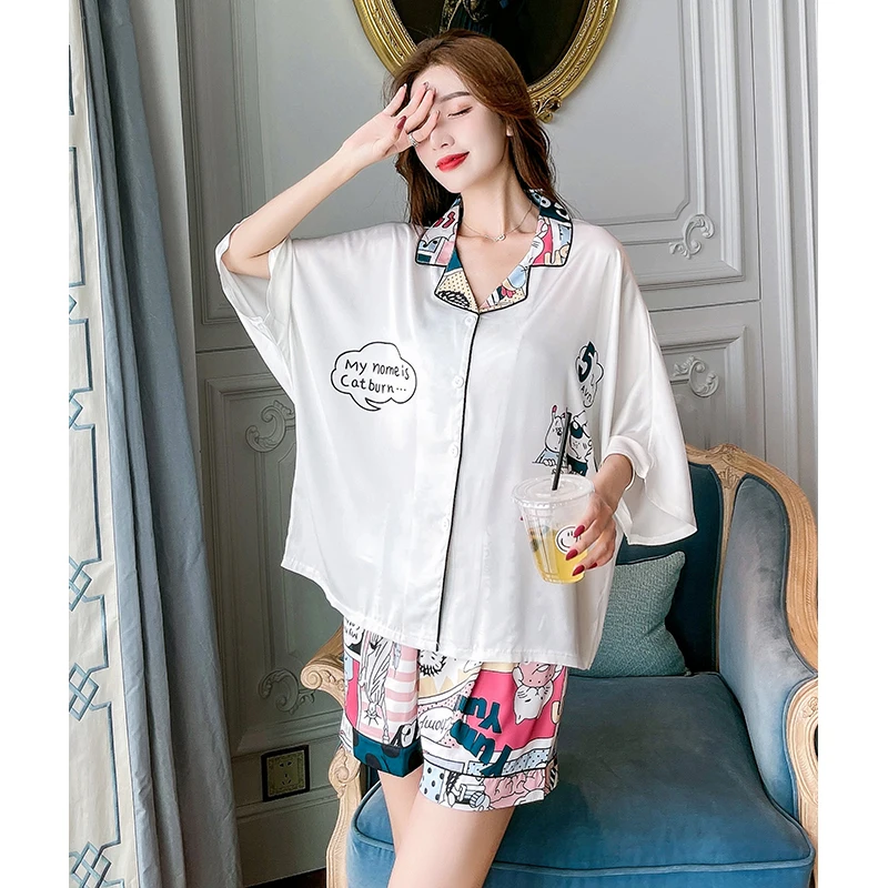 JRMISSLI Pyjama Pajamas Set Women Print Satin Silk Short Sleeve Shirt Pants Homesuit Lingerie Sleepwear 
JRMISSLI Pyjama Pajamas Set Women Print Satin Silk Short Sleeve Shirt Pants Homesuit Lingerie Sleepwear
