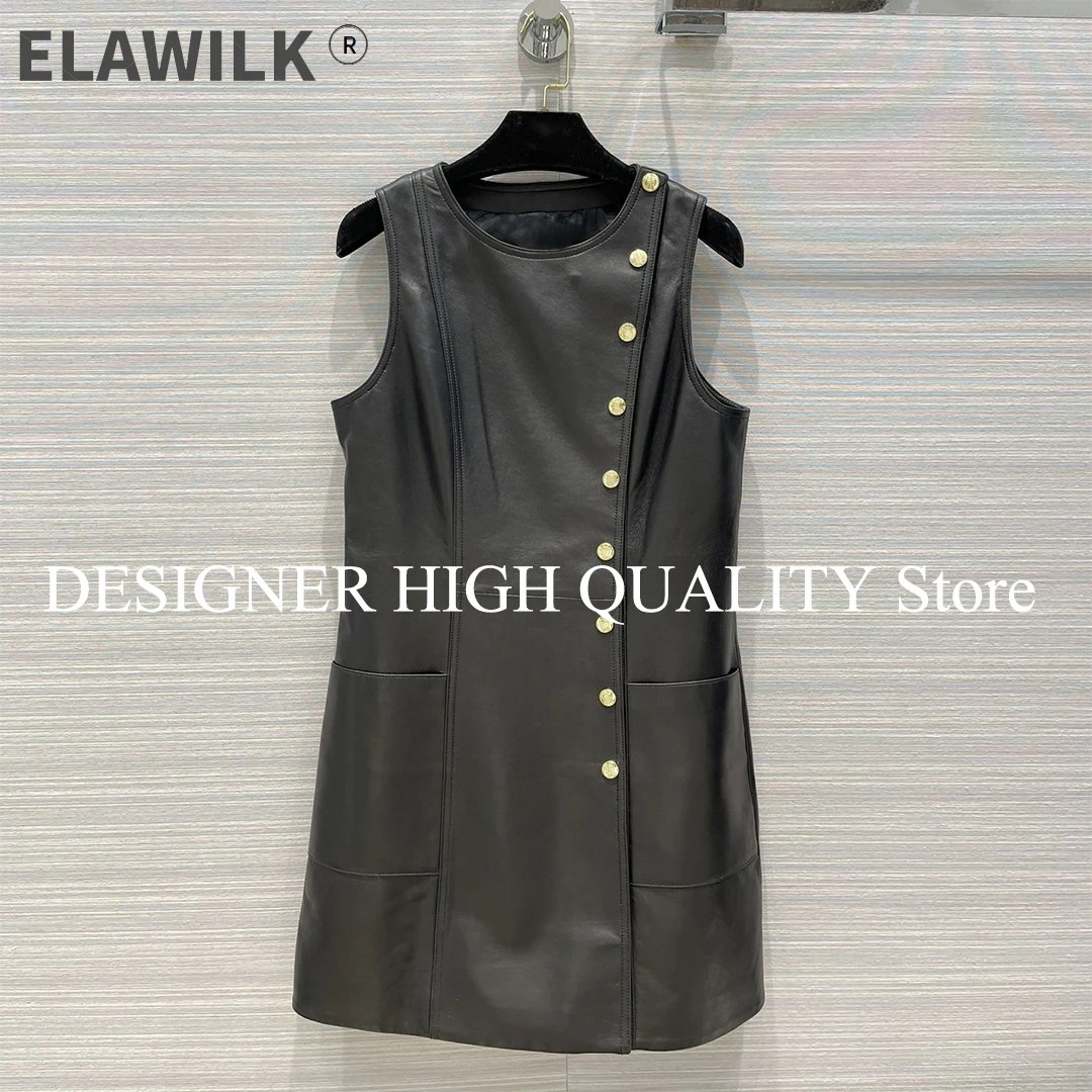 Luxury Brand Genuine Leather Dress Women O-neck Side Split Metal Single Breasted Sleeveless Fashion Black Cowhide Tank Dresses
Luxury Brand Genuine Leather Dress Women O-neck Side Split Metal Single Breasted Sleeveless Fashion Black Cowhide Tank Dresses