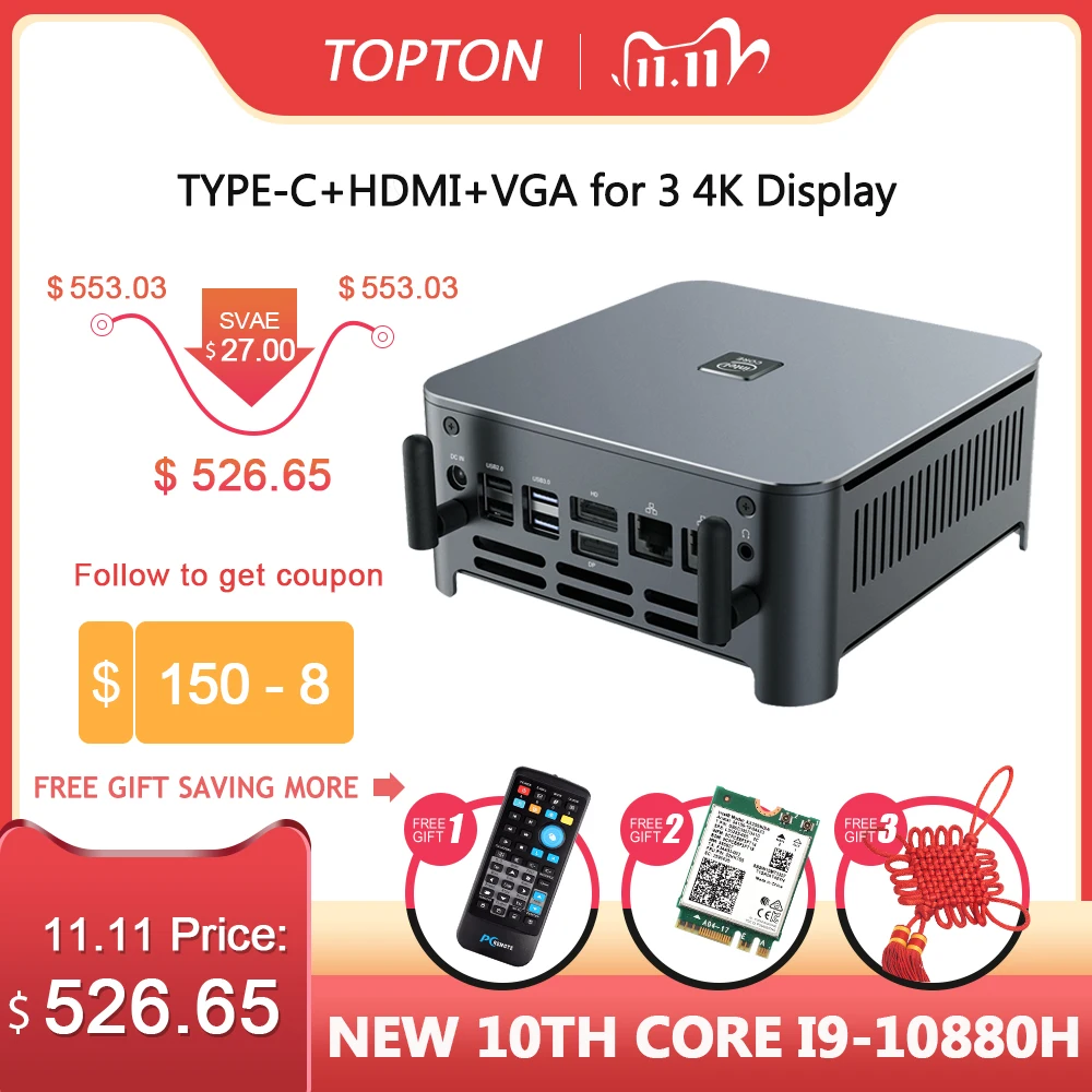 Настольный компьютер 10 поколения NUC Intel i9 10880H 10885H 8Core Windows Pro 2 * Lan DDR4 M.2 NVME DP HDMI Type C