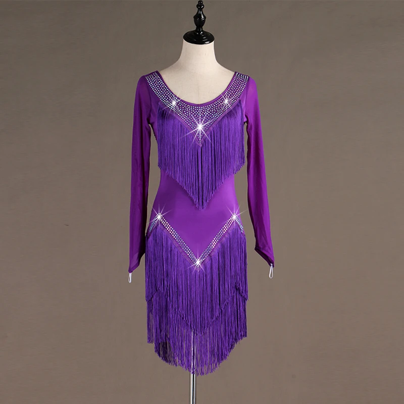 Популярный бренд продажи дамы фиолетовое платье с кисточками для латинских