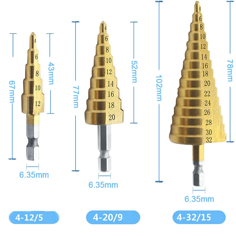 Step Cone Drill Industrial Reamer Hexagon Kit Set Hole Cutters Unibit Titanium HSS Steel 4 - 12/20/32mm 3pcs Gold
Step Cone Drill Industrial Reamer Hexagon Kit Set Hole Cutters Unibit Titanium HSS Steel 4 - 12/20/32mm 3pcs Gold