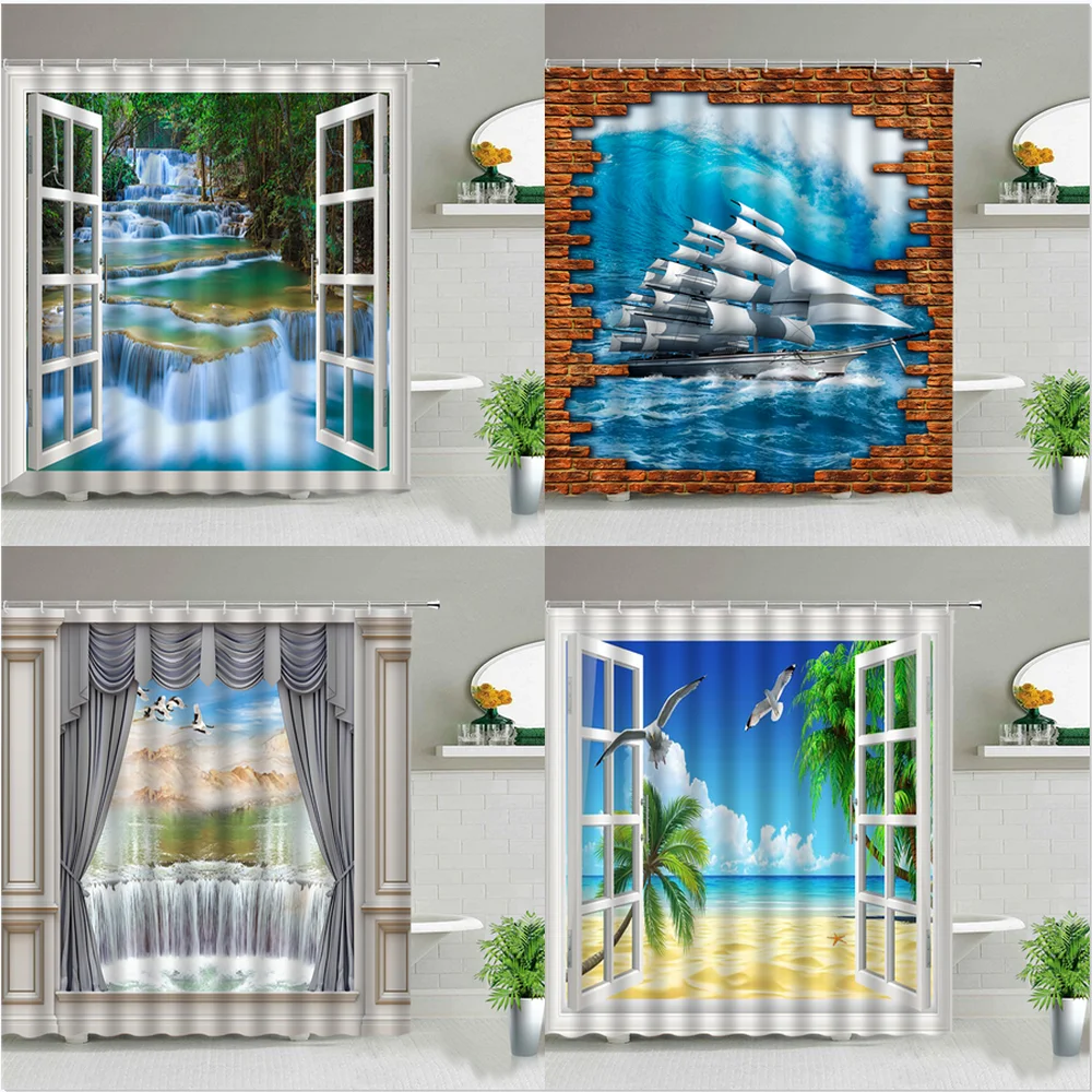 

Window Forest Waterfall Beach Sailboat Sea Navigation Landscape Shower Curtain Palm Tree Flower Scenery Creativity Bath Screen