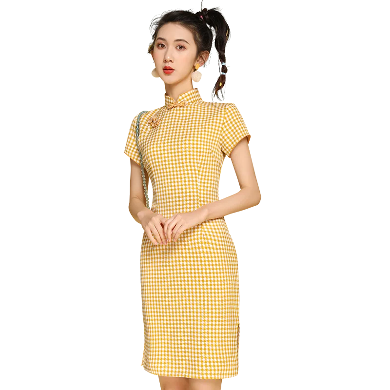 Chinese Style Traditional Cheongsam For Women Improved Plaid Yellow Short Sleeve Qipao Girls Daily Dresses New Fashion DQL3490
Chinese Style Traditional Cheongsam For Women Improved Plaid Yellow Short Sleeve Qipao Girls Daily Dresses New Fashion DQL3490